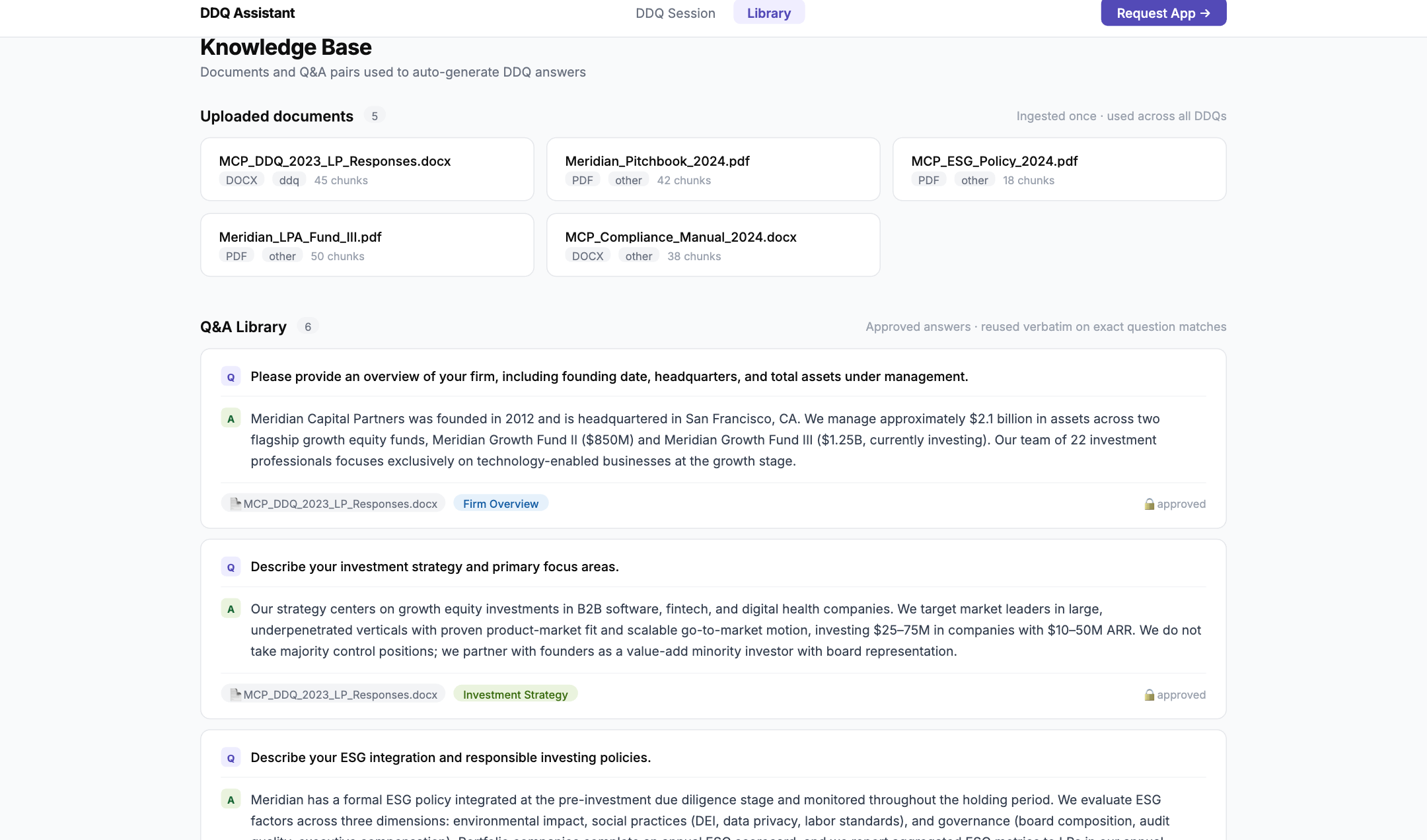 Knowledge Base view: uploaded documents and the approved Q&A library