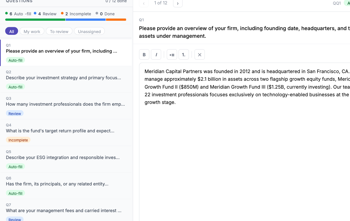 DDQ session view with Auto-fill, Review and Incomplete tags on each question