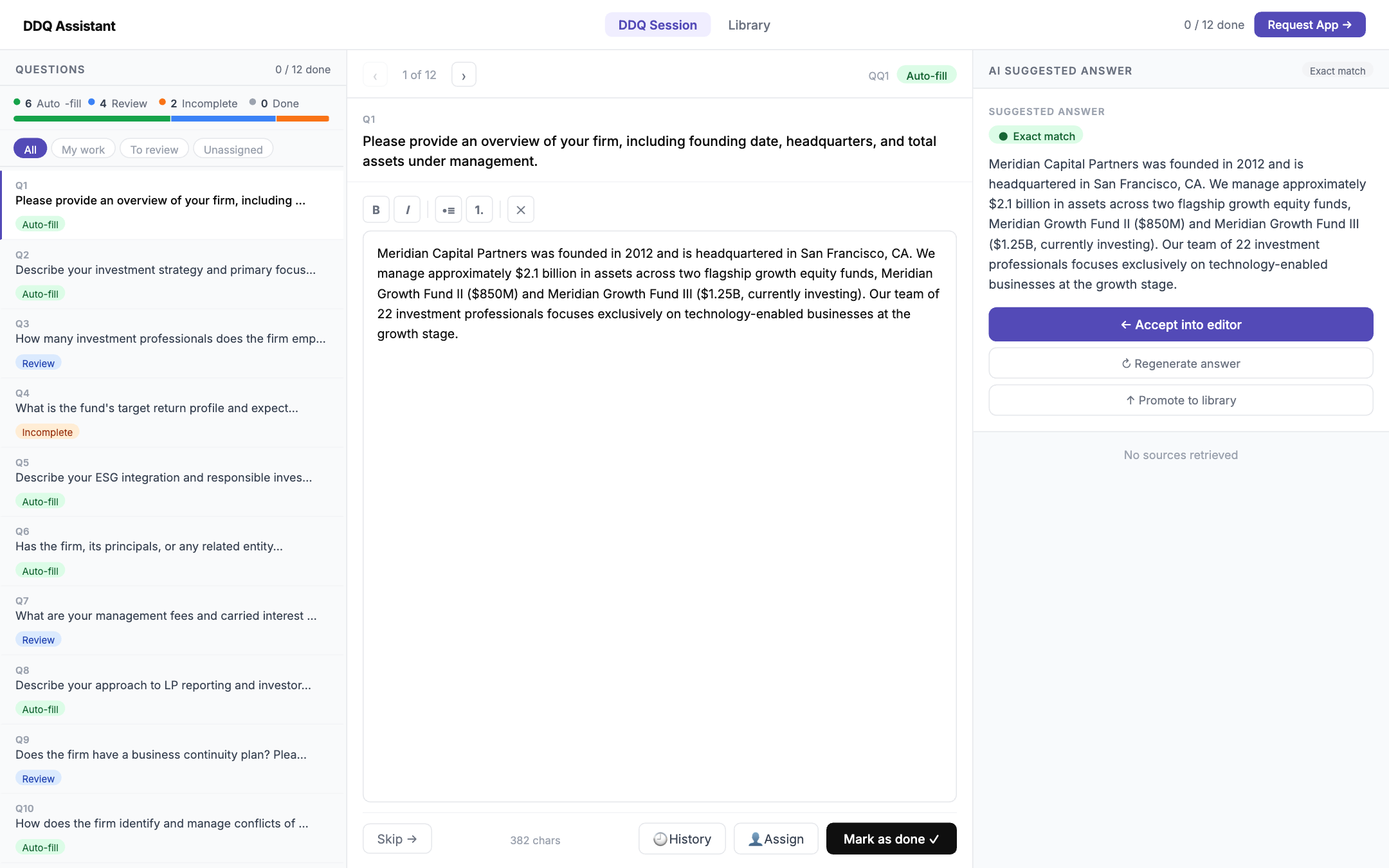 DDQ Assistant review workspace: question list on the left, answer editor in the centre, AI-suggested answer with confidence level on the right