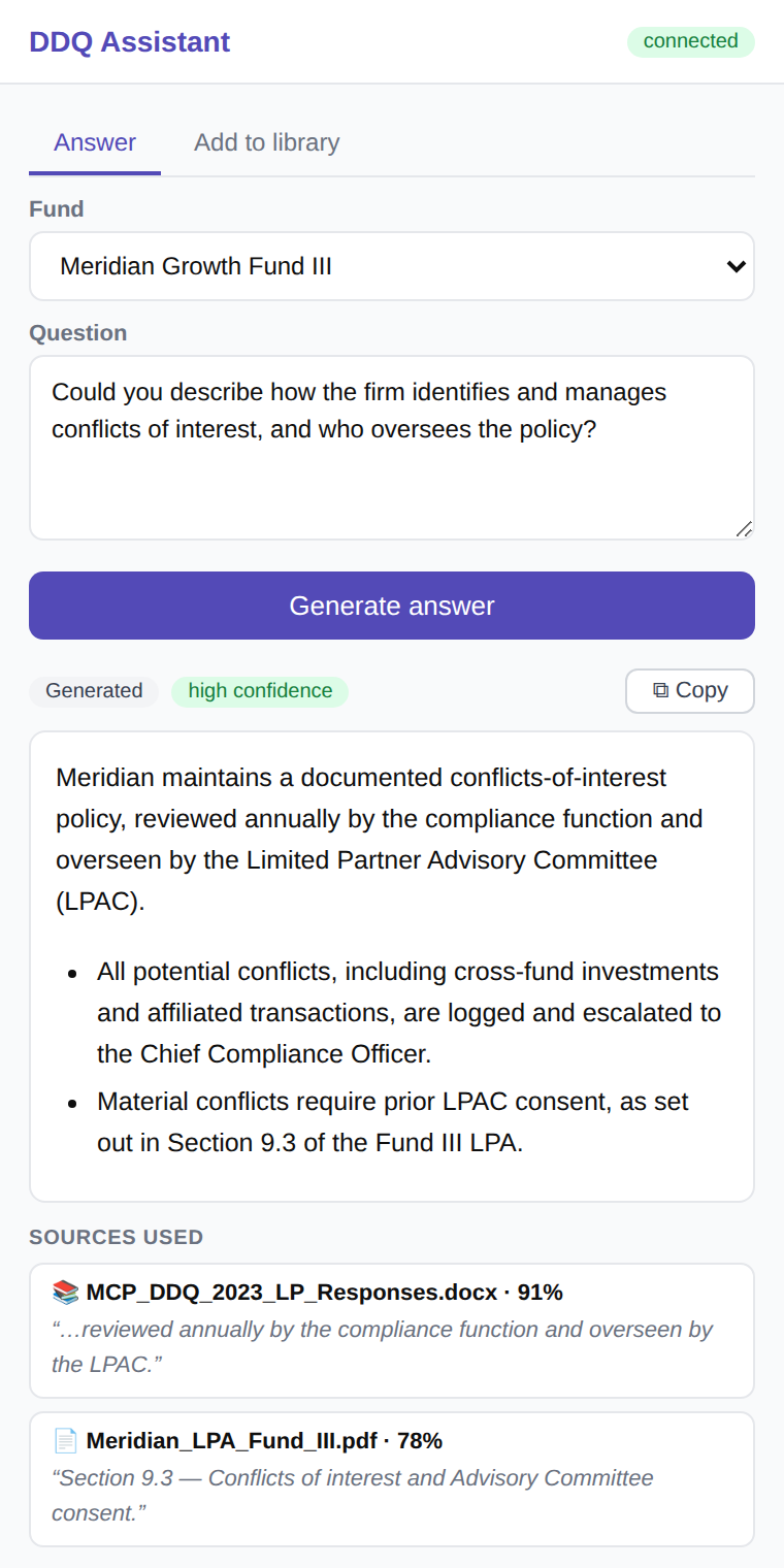 DDQ Assistant Chrome extension side panel showing a generated answer with confidence level and sources